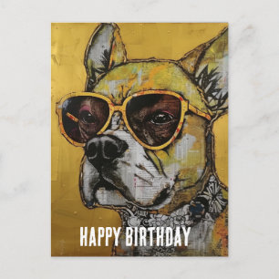 黄色のメガネをかけた犬のミックスメディア誕生日コラージュ ポストカード