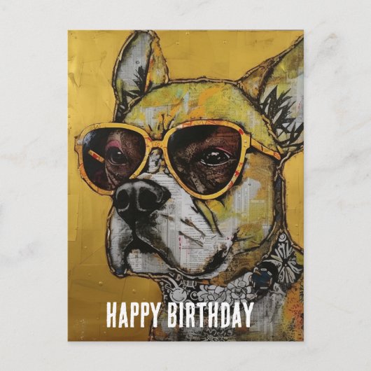 黄色のメガネをかけた犬のミックスメディア誕生日コラージュ ポストカード (正面)