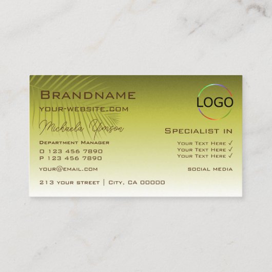 黄色のモダングラデーションの椰子の葉(ロゴ付きスタイリッシュ) 名刺 (裏面)