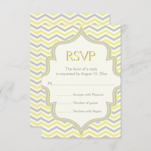 黄色のモダングレーシェブロンのジグザグ結婚式RSVP 出欠カード (正面/裏面)