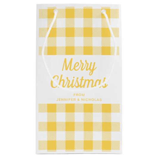 黄色のモダン格子模様のクリスマス スモールペーパーバッグ (裏面)