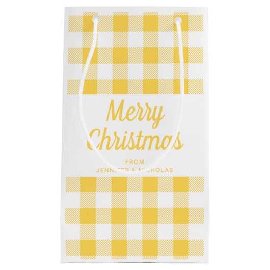 黄色のモダン格子模様のクリスマス スモールペーパーバッグ (正面)