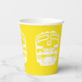 黄色のモダン背景に白い列車エンジン 紙コップ (裏面)