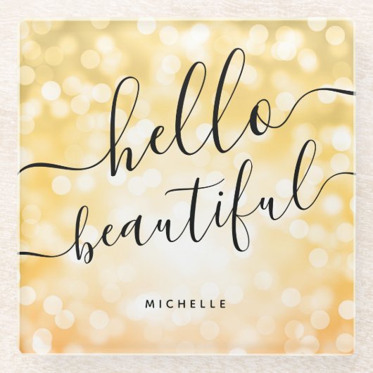 黄色のライト"こんにちは美しい"ガラスのコースター ガラスコースター (正面)