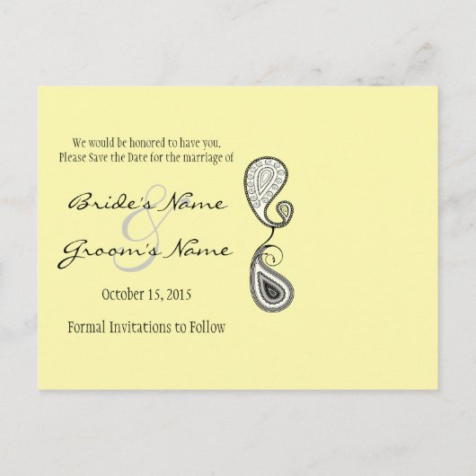 黄色のライムChartreuseペイズリー写真の保存日付 案内ポストカード (裏面)