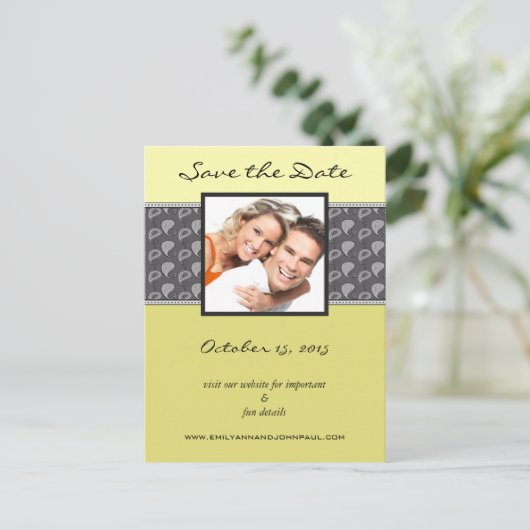 黄色のライムChartreuseペイズリー写真の保存日付 案内ポストカード (スタンド正面)