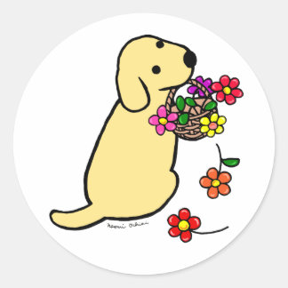 黄色のラブラドール子犬の花かご漫画 ラウンドシール