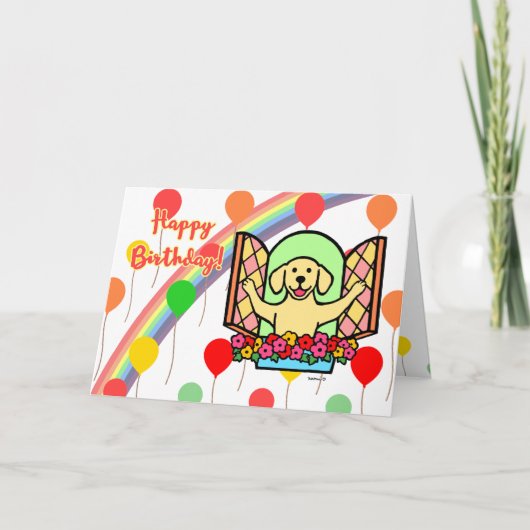 黄色のラブラドール誕生日バルーンカード(ウィンドウ) カード (正面)