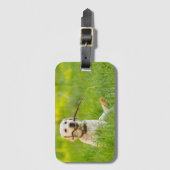 黄色のラブラドール遊をスティックで取り込む ラゲッジタグ (正面縦)