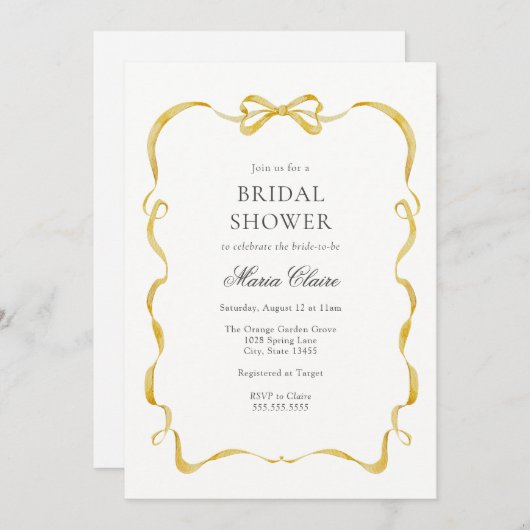 黄色のリボンと弓のブライダルシャワー 招待状 (正面/裏面)