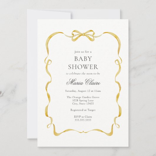 黄色のリボンと弓の赤ちゃんシャワー 招待状 (正面)