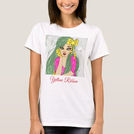 黄色のリボンTシャツを着た少女 Tシャツ (正面)