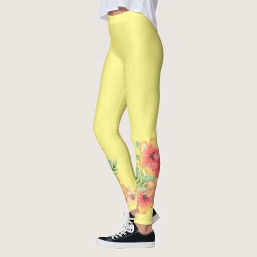 黄色のレギンスとピンクの桃の熱帯花 レギンス (左)