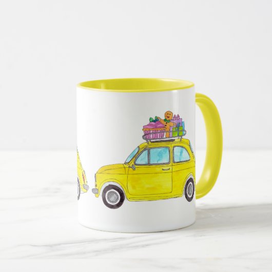 黄色のレトロフィアット500クリスマスギフトウォーターカラー マグカップ (正面右)