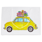 黄色のレトロフィアット500クリスマスギフトウォーターカラー ラージペーパーバッグ (正面)