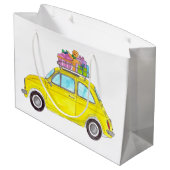 黄色のレトロフィアット500クリスマスギフトウォーターカラー ラージペーパーバッグ (裏面アングル)