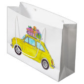 黄色のレトロフィアット500クリスマスギフトウォーターカラー ラージペーパーバッグ (正面アングル)