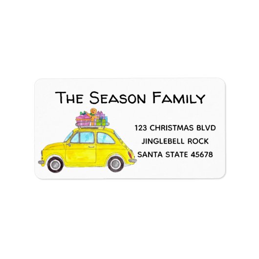 黄色のレトロフィアット500クリスマスプレゼント ラベル (正面)