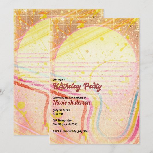 黄色のレトロ ヴィンテージ 80年代 テーマの誕生日パーティー 招待状 (正面/裏面)