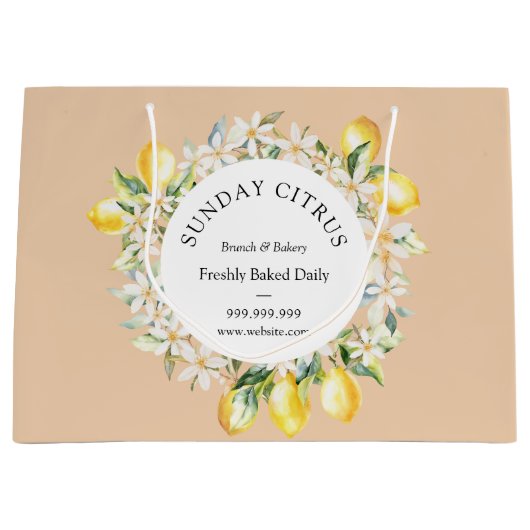 黄色のレモンと白い花の花輪 大型 ラージペーパーバッグ (正面)