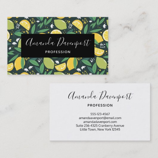 黄色のレモンと緑のライムのフルーツパターン 名刺 (正面/裏面)