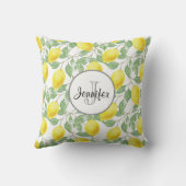 黄色のレモンと緑の葉の模様のモノグラム クッション (裏面)
