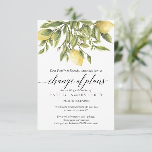 黄色のレモンと葉のウェディング プラン変更のお知らせ 招待状 (スタンド正面)