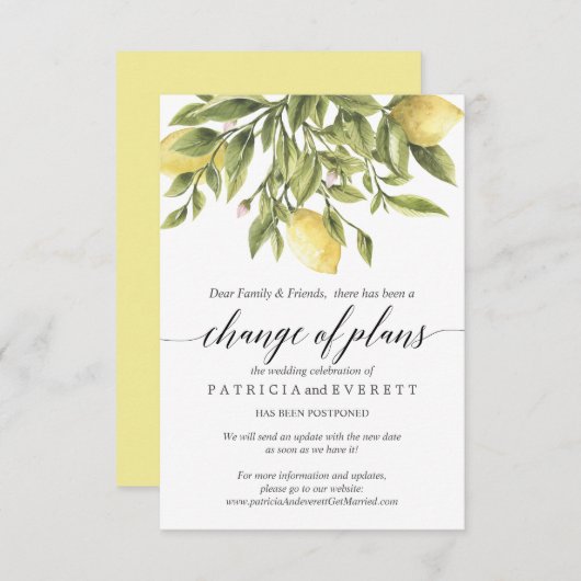 黄色のレモンと葉のウェディング プラン変更のお知らせ 招待状 (正面/裏面)