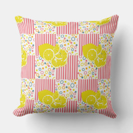 黄色のレモン色のピンク色のストライプが夏をチェック クッション