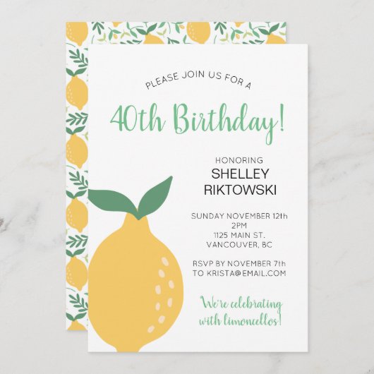 黄色のレモン リモンチェッロ 女性の誕生日 招待状 (正面/裏面)