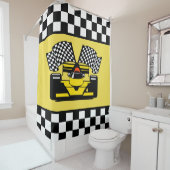 黄色のレースカー:市松模様にフラグ シャワーカーテン (インサイチュ)