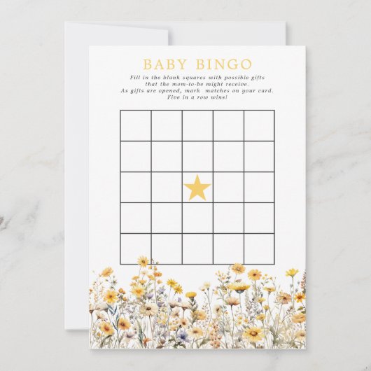 黄色のワイルドフラワーボホ赤ちゃんシャワービンゴゲーム 招待状 (正面)