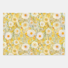 黄色のワイルドフラワー花柄ハッピー・ファン ラッピングペーパーシート