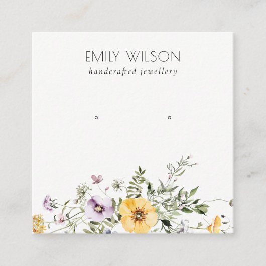 黄色のワイルドフラワー薄紫スタッドイヤリングディスプレイ スクエア名刺 (正面)
