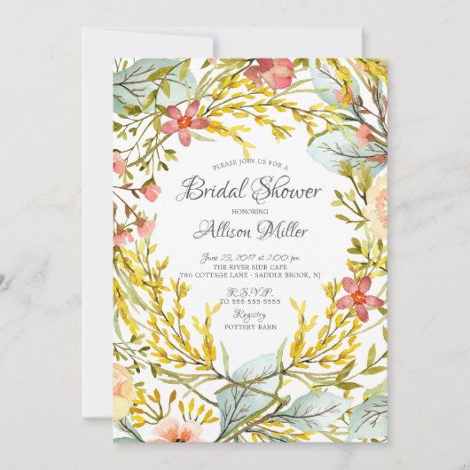 黄色のワイルドフラワー ブライダルシャワー 招待状 (正面)