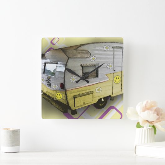 黄色のヴィンテージのキャンピングカートレーラーの時計 スクエア壁時計 (ホーム)