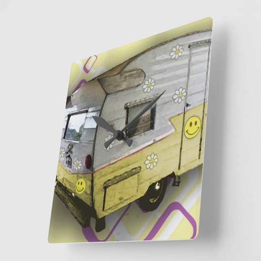 黄色のヴィンテージのキャンピングカートレーラーの時計 スクエア壁時計 (傾斜)