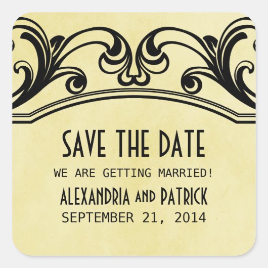 黄色のヴィンテージの渦巻き形が日付のシールを保存 スクエアシール (正面)