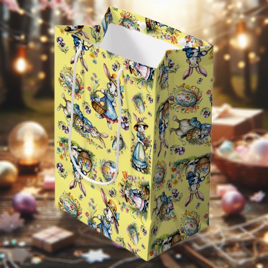 黄色のヴィンテージ水色イースターバニーと卵 ミディアムペーパーバッグ