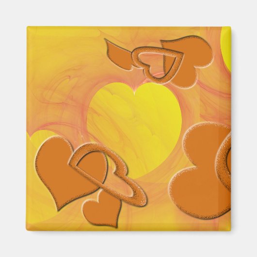 黄色の上に無地の中空オレンジとオレンジのハート マグネット (正面)