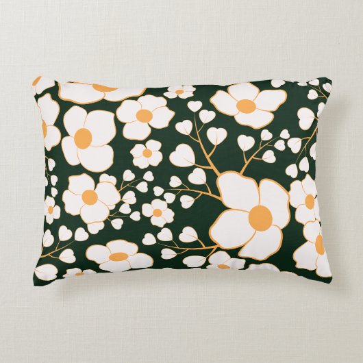 黄色の中央に白い花と緑の背景 アクセントクッション (正面)