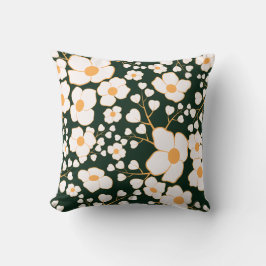 黄色の中央に白い花と緑の背景 クッション