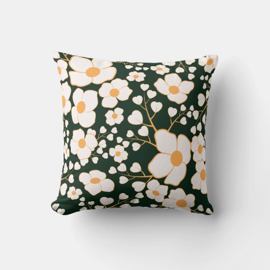 黄色の中央に白い花と緑の背景 クッション (正面)