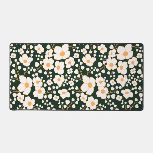 黄色の中央に白い花と緑の背景 デスクマット (正面)