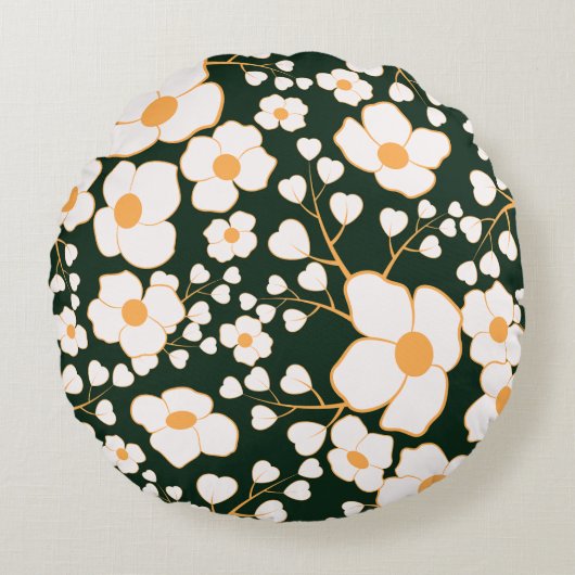黄色の中央に白い花と緑の背景 ラウンドクッション (正面)