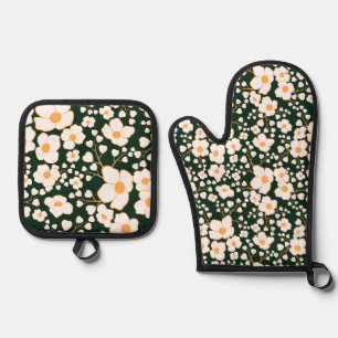 黄色の中央に白い花と緑の背景 鍋つかみ&鍋敷きセット