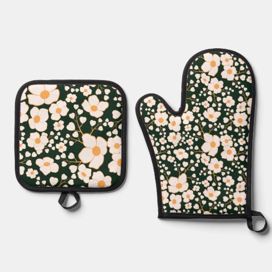 黄色の中央に白い花と緑の背景 鍋つかみ&鍋敷きセット (正面)