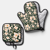 黄色の中央に白い花と緑の背景 鍋つかみ&鍋敷きセット (正面/裏面)