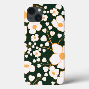 黄色の中央に白い花と緑の背景 iPhone 13ケース