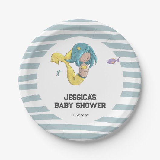 黄色の人魚の尾の妊娠人魚の赤ちゃんシャワー ペーパープレート (正面)